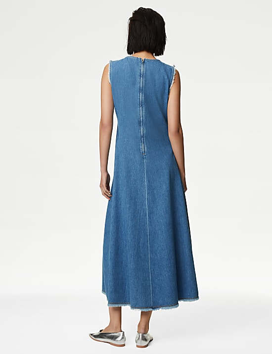 Denim Round Neck Midi Shift Dress