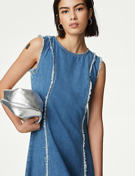 Denim Round Neck Midi Shift Dress