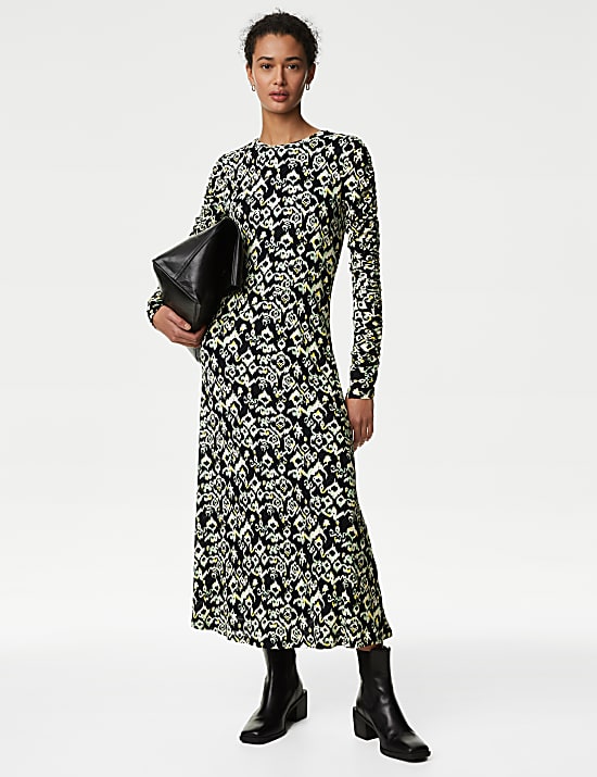 Mesh Jersey Printed Midi Column Dress