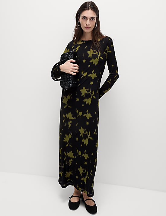 Robe midaxi coupe droite en jersey &agrave; d&eacute;tail floral