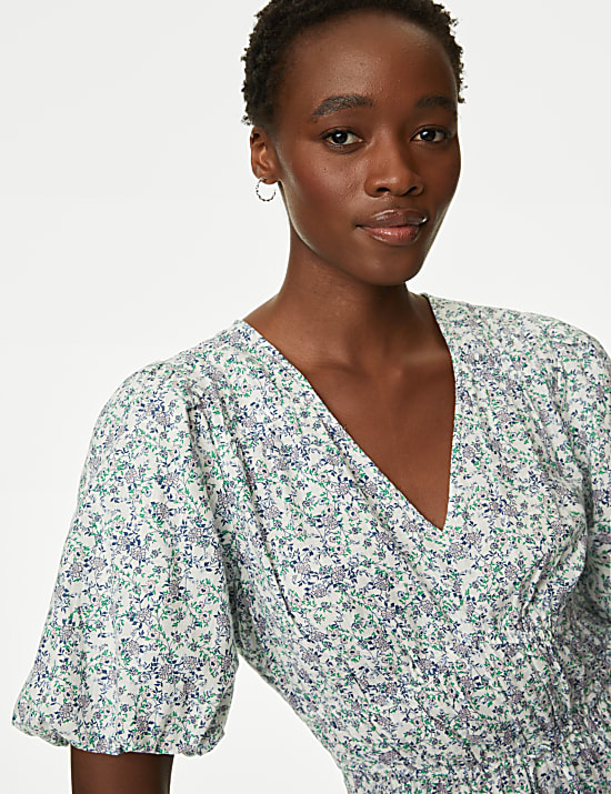 Pure Cotton Printed V-Neck Tiered Midi Dress