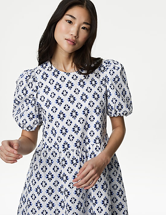 Cotton Rich Printed Puff Sleeve Waisted Dress