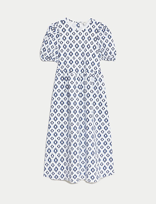 Cotton Rich Printed Puff Sleeve Waisted Dress