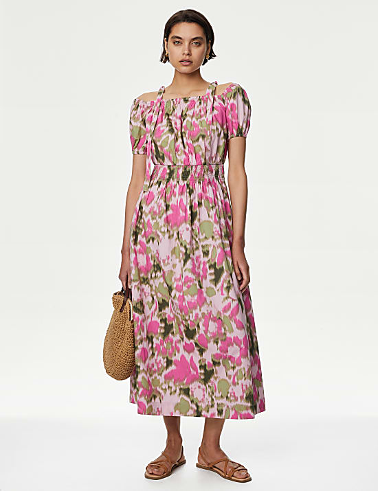 Pure Cotton Floral Midi Waisted Dress