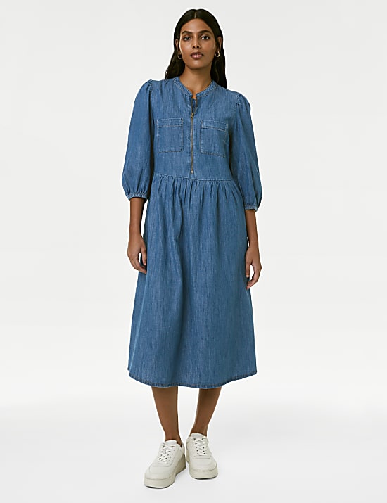 Vestido a la cintura a media pierna 100% algod&oacute;n denim