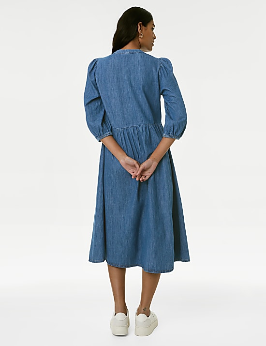 Vestido a la cintura a media pierna 100% algod&oacute;n denim