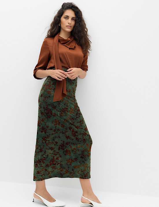 Floral Midaxi Column Skirt With Stretch