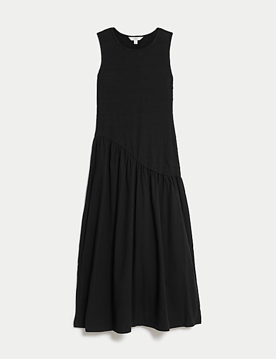 Gaun Jahitan Bawah Pinggang Midi Bertekstur Campuran Katun