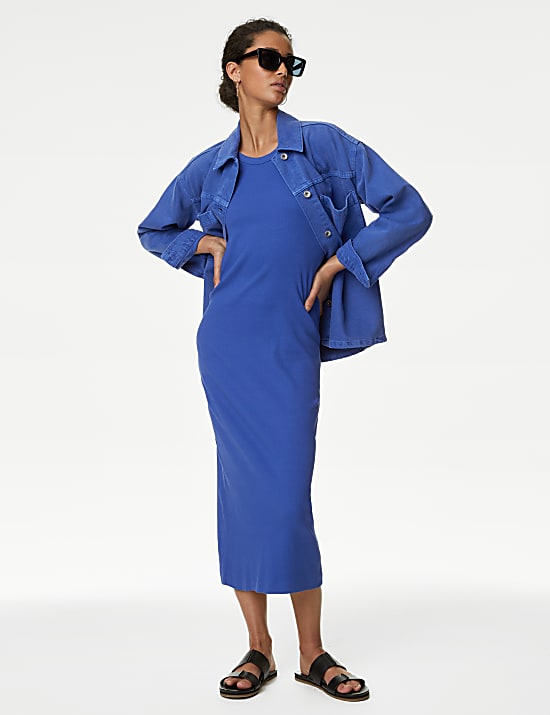 Gaun Bodycon Midi Berusuk Bahan Katun