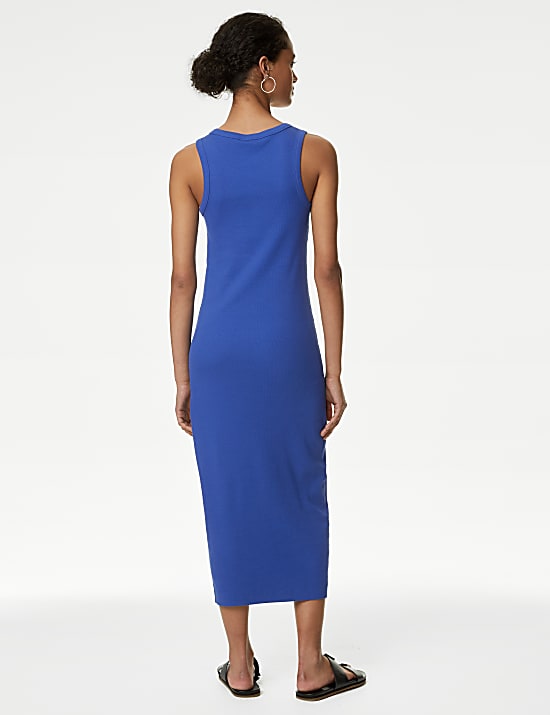 Gaun Bodycon Midi Berusuk Bahan Katun