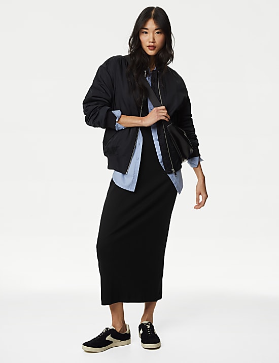 Geripptes Bodycon-Midikleid mit hohem Baumwollanteil