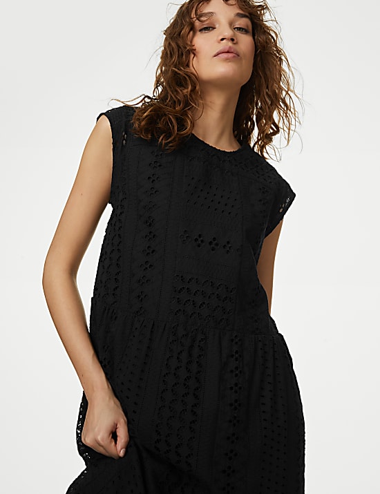 Pure Cotton Broderie Midi Tiered Dress