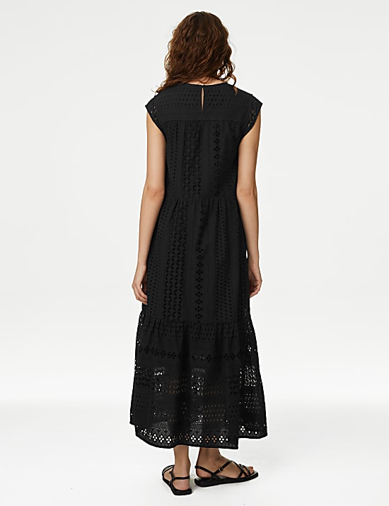 Pure Cotton Broderie Midi Tiered Dress