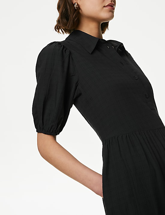 Gaun Kemeja Midi Motif Kotak-Kotak Kain Modal