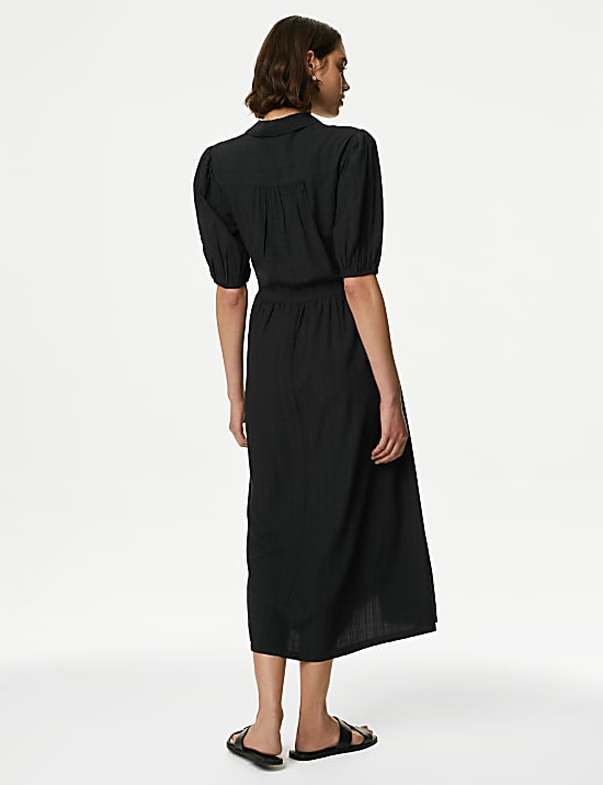 Gaun Kemeja Midi Motif Kotak-Kotak Kain Modal