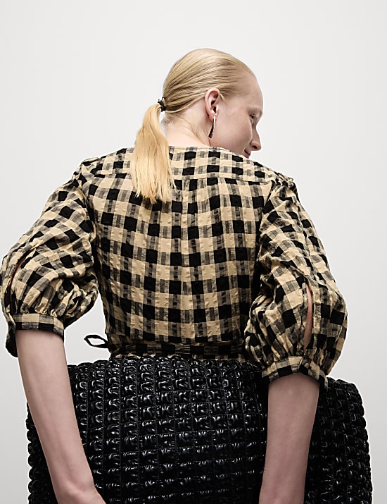 Pure Cotton Checked V-Neck Midi Wrap Dress