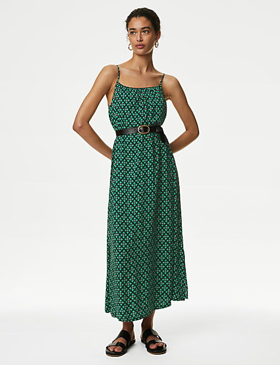 Printed Square Neck Midi Cami Slip Dress