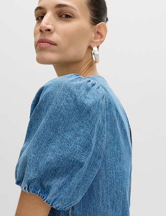 Denim Puff Sleeve Midi Drop Waist Dress