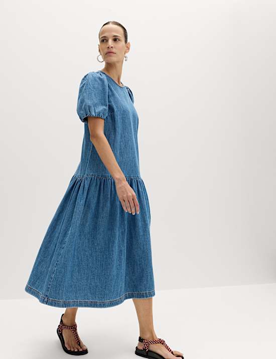 Denim Puff Sleeve Midi Drop Waist Dress