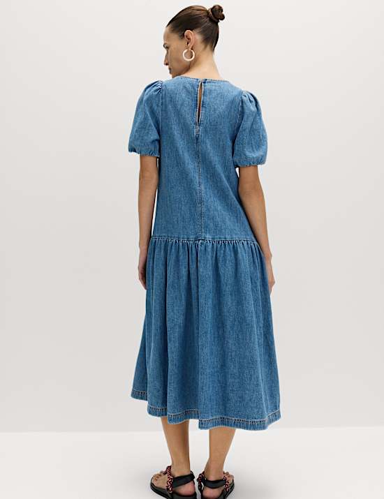 Denim Puff Sleeve Midi Drop Waist Dress