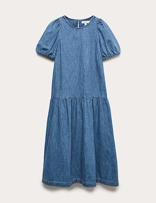 Denim Puff Sleeve Midi Drop Waist Dress