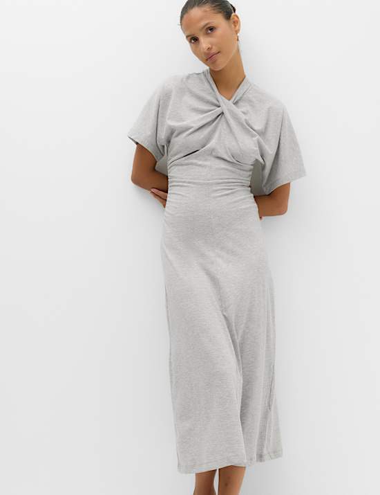 Robe midi coupe droite en jersey et coton m&eacute;lang&eacute; &agrave; d&eacute;tail torsad&eacute;