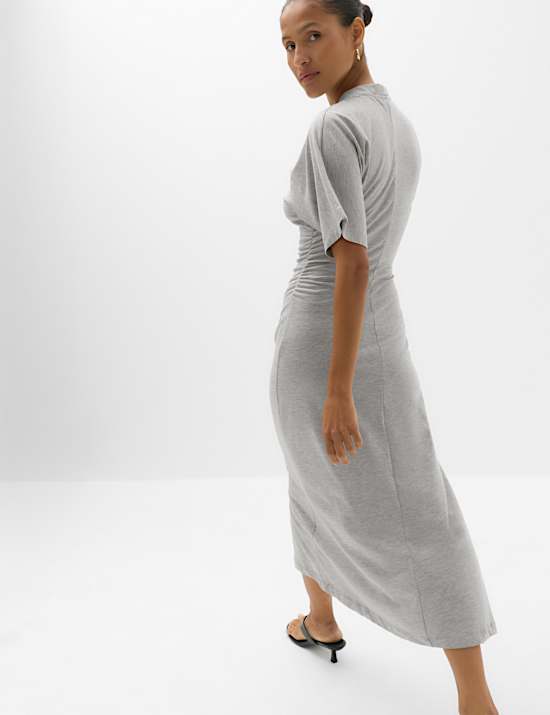 Robe midi coupe droite en jersey et coton m&eacute;lang&eacute; &agrave; d&eacute;tail torsad&eacute;