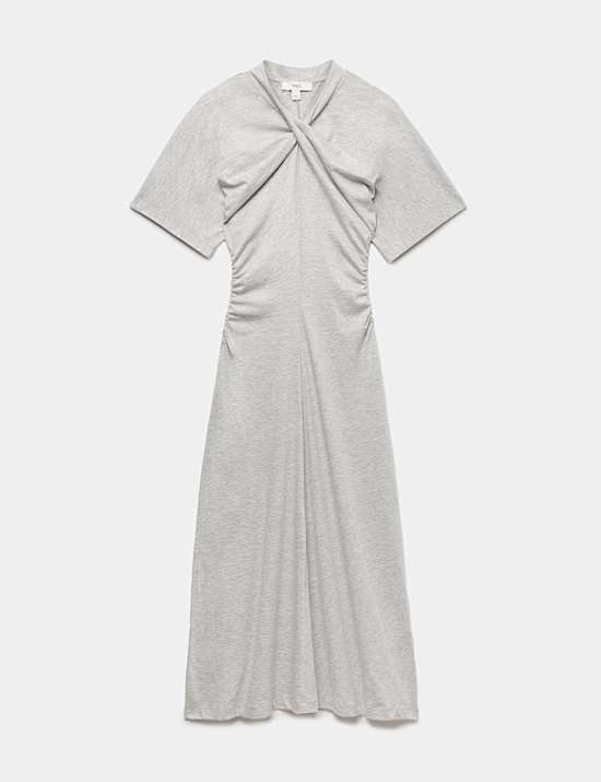 Cotton Blend Jersey Twist Detail Midi Column Dress