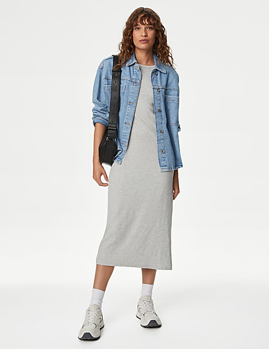 Cotton Rich Round Neck Ruched Midi Column Dress