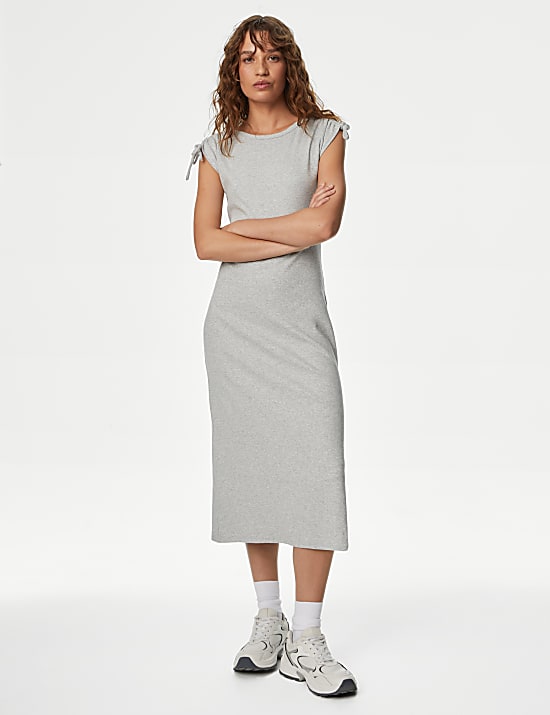 Cotton Rich Round Neck Ruched Midi Column Dress