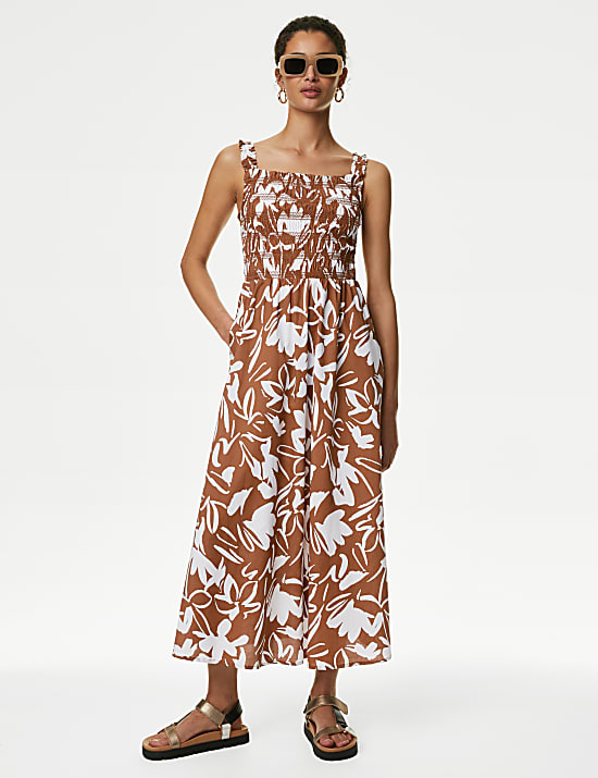 Pure Cotton Printed Midi Waisted Cami Dress BROWN MIX Dresses M S AL