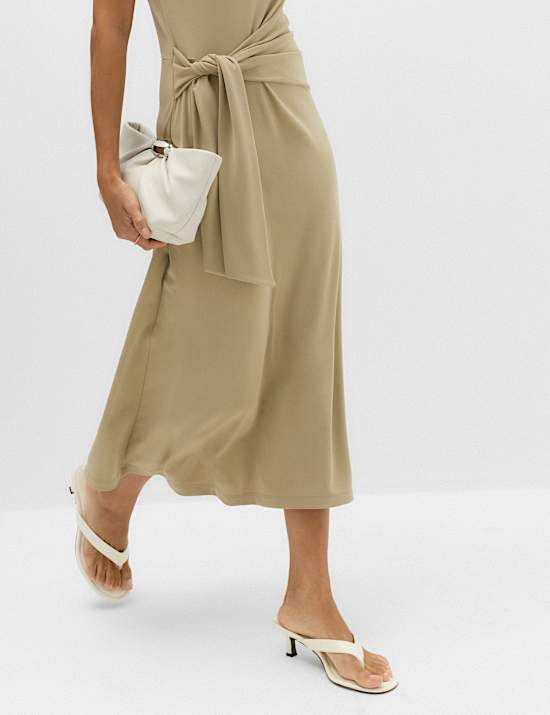 Jersey Tie Waist Midi Waisted Dress