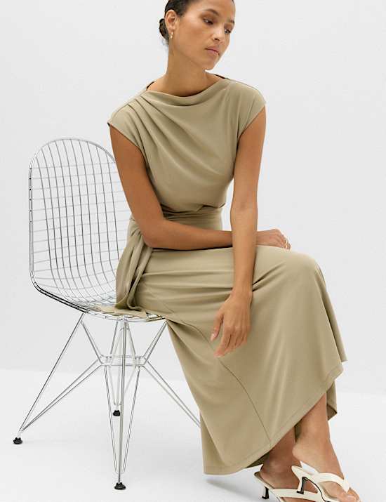 Jersey Tie Waist Midi Waisted Dress