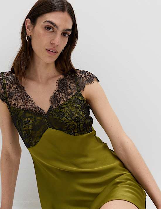 Satin Lace Mini Slip Dress