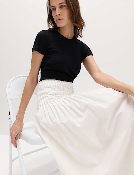 Pure Cotton Pleated Midi A-Line Skirt