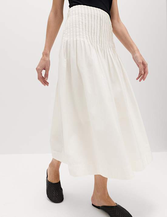 Pure Cotton Pleated Midi A-Line Skirt
