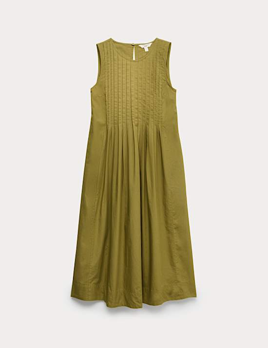 Pure Cotton Pintuck Midi Relaxed Dress