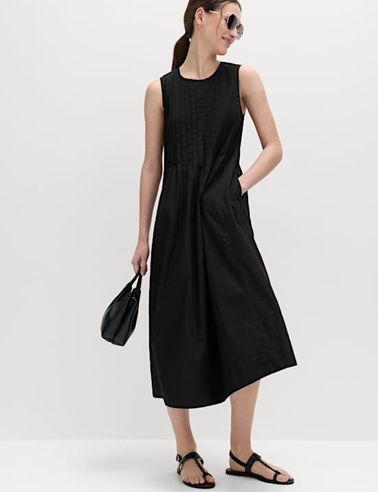 Pure Cotton Pintuck Midi Relaxed Dress