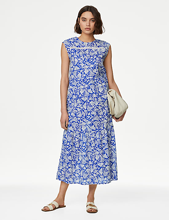 Pure Cotton Printed Pintuck Midi Tiered Dress