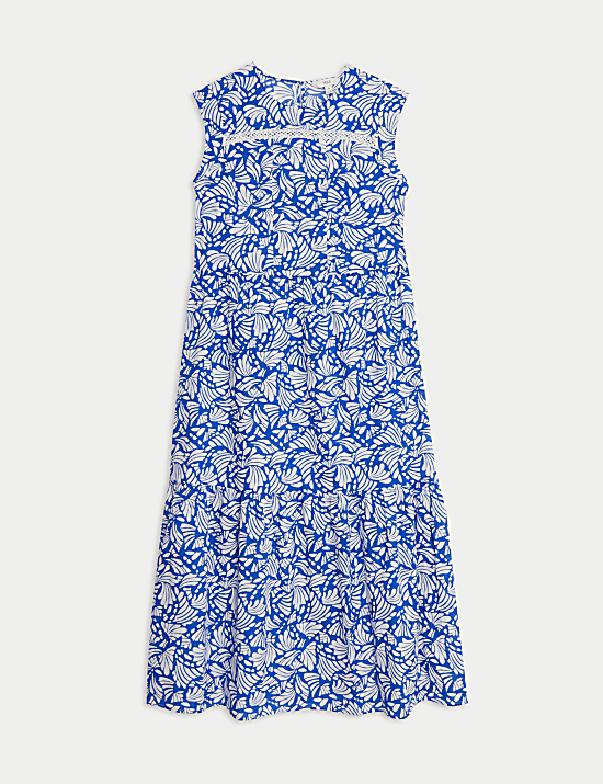 Pure Cotton Printed Pintuck Midi Tiered Dress