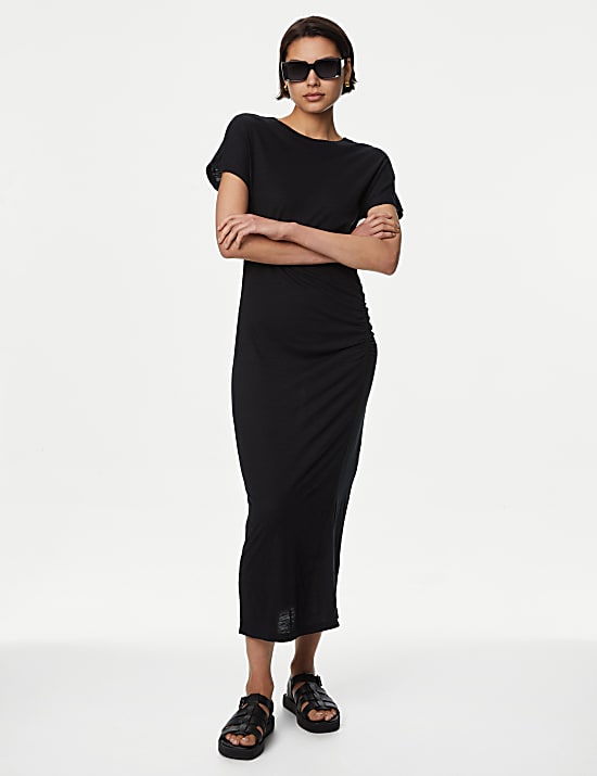 Gaun Kolom Midi Jersey Kerut