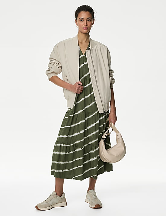 Pure Cotton Printed V-Neck Midi Tiered Dress