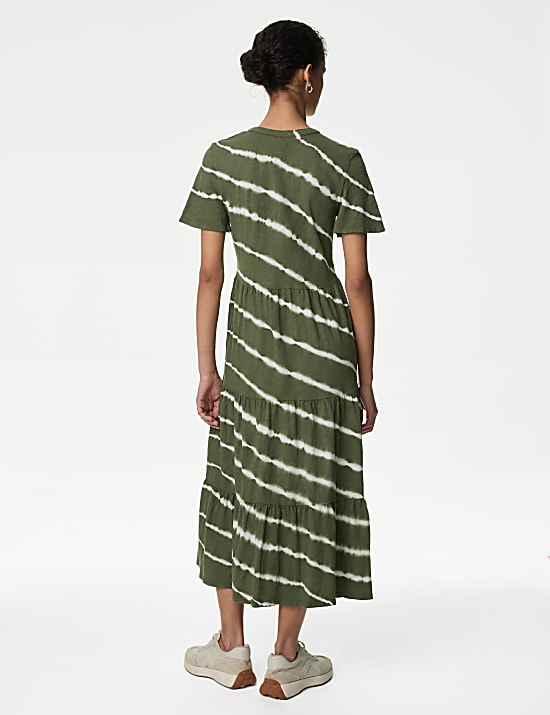 Pure Cotton Printed V-Neck Midi Tiered Dress
