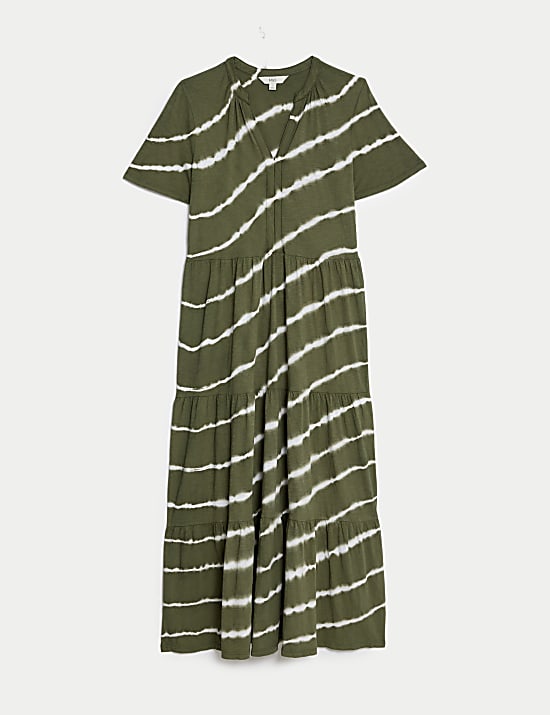 Pure Cotton Printed V-Neck Midi Tiered Dress