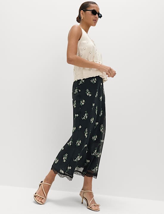 Floral Lace Detail Midi Slip Skirt