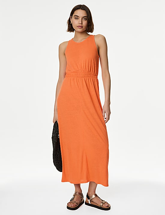 Linen Rich Jersey Round Neck Midi Waisted Dress