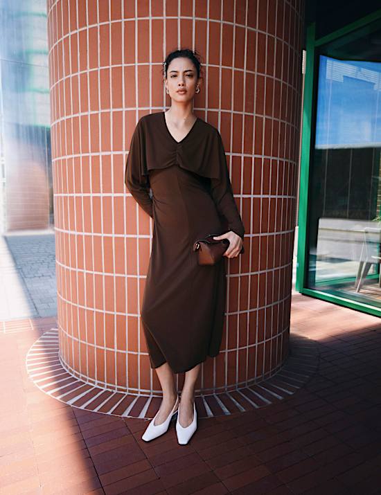 Jersey Cape Detail Midi Column Dress