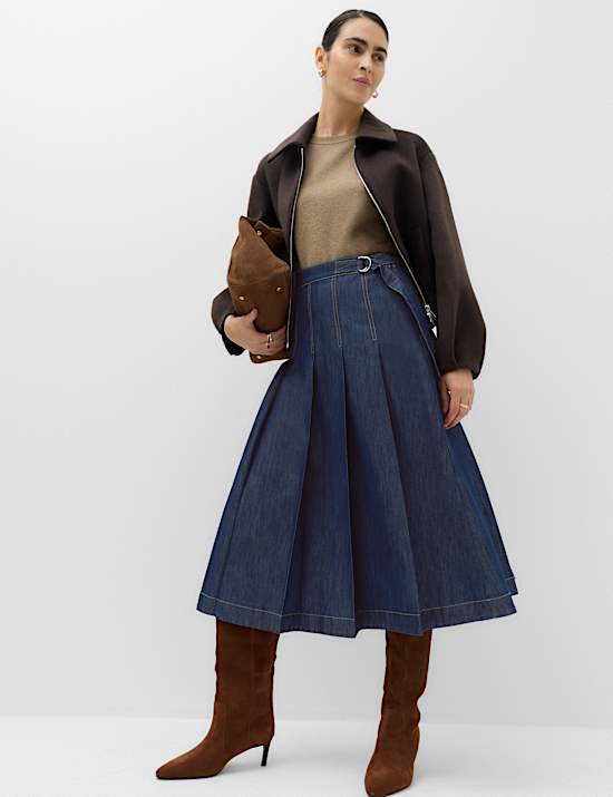 Denim Pleated Midi Skirt