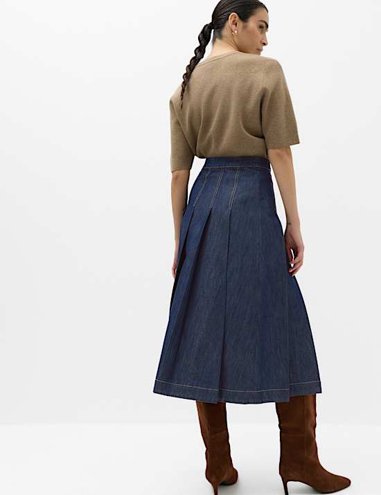 Denim Pleated Midi Skirt