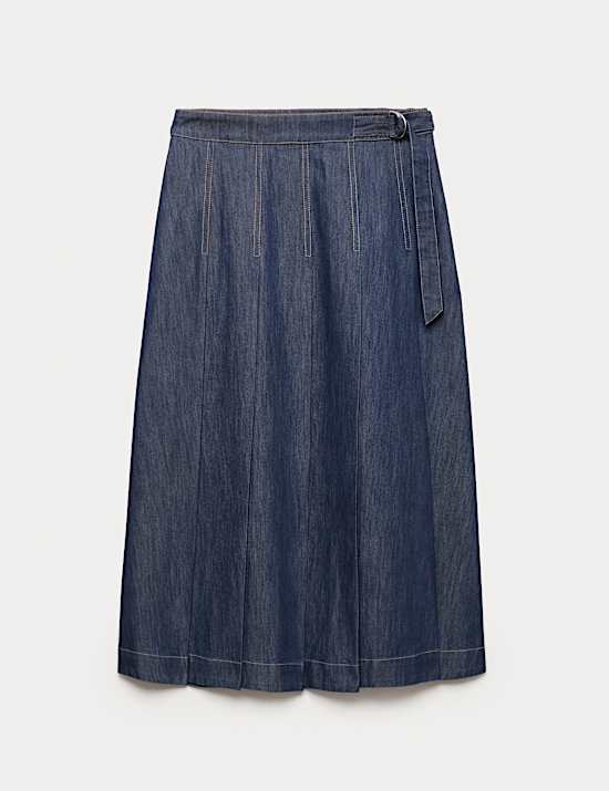 Denim Pleated Midi Skirt